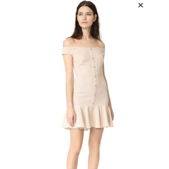 Veronica Beard Cream Colored Winnie Off Shoulder Flounce Knee Length Dress  10 - Picture 1 of 16